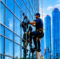 Exterior glass cleaning on a Toronto commercial building
