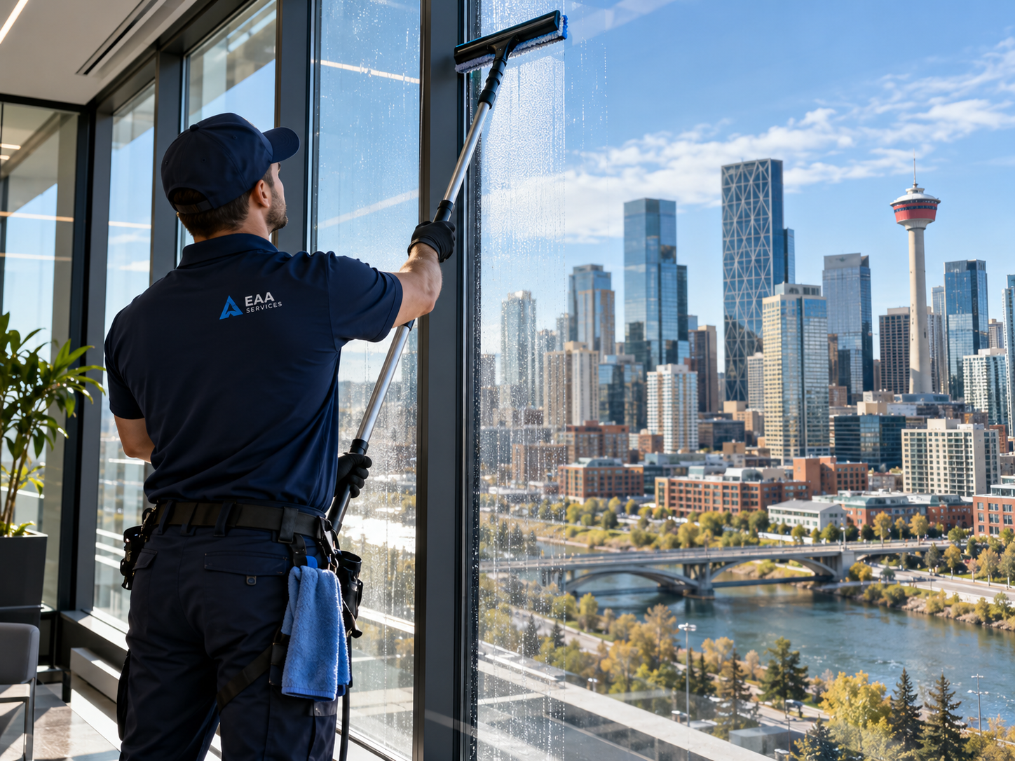 Exterior glass cleaning on a commercial building