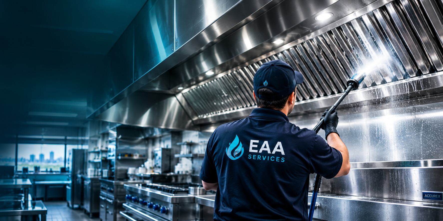 EAA Services technician pressure washing a commercial kitchen exhaust hood in Calgary