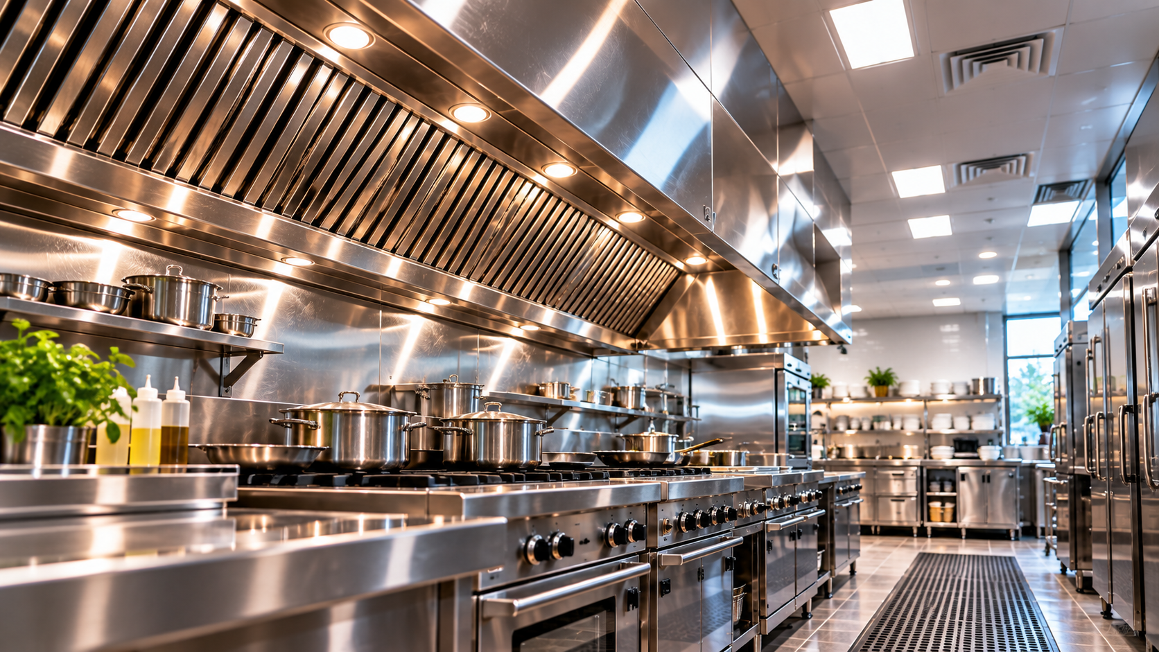 Polished commercial kitchen exhaust hood after cleaning