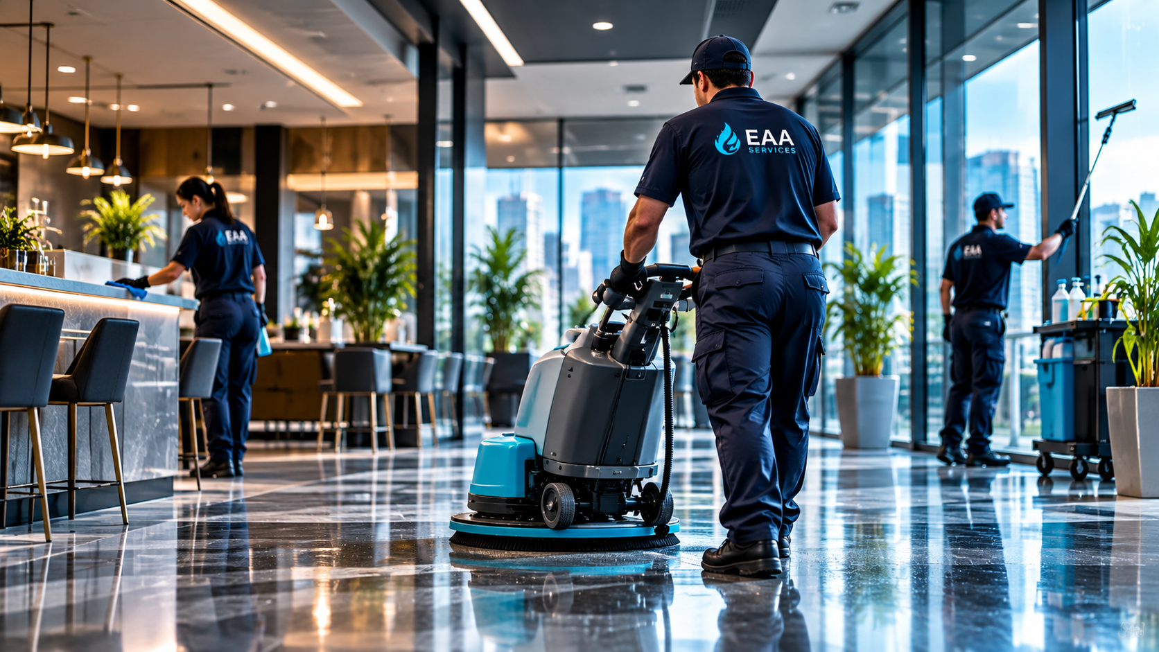 Team cleaning a newly finished commercial space