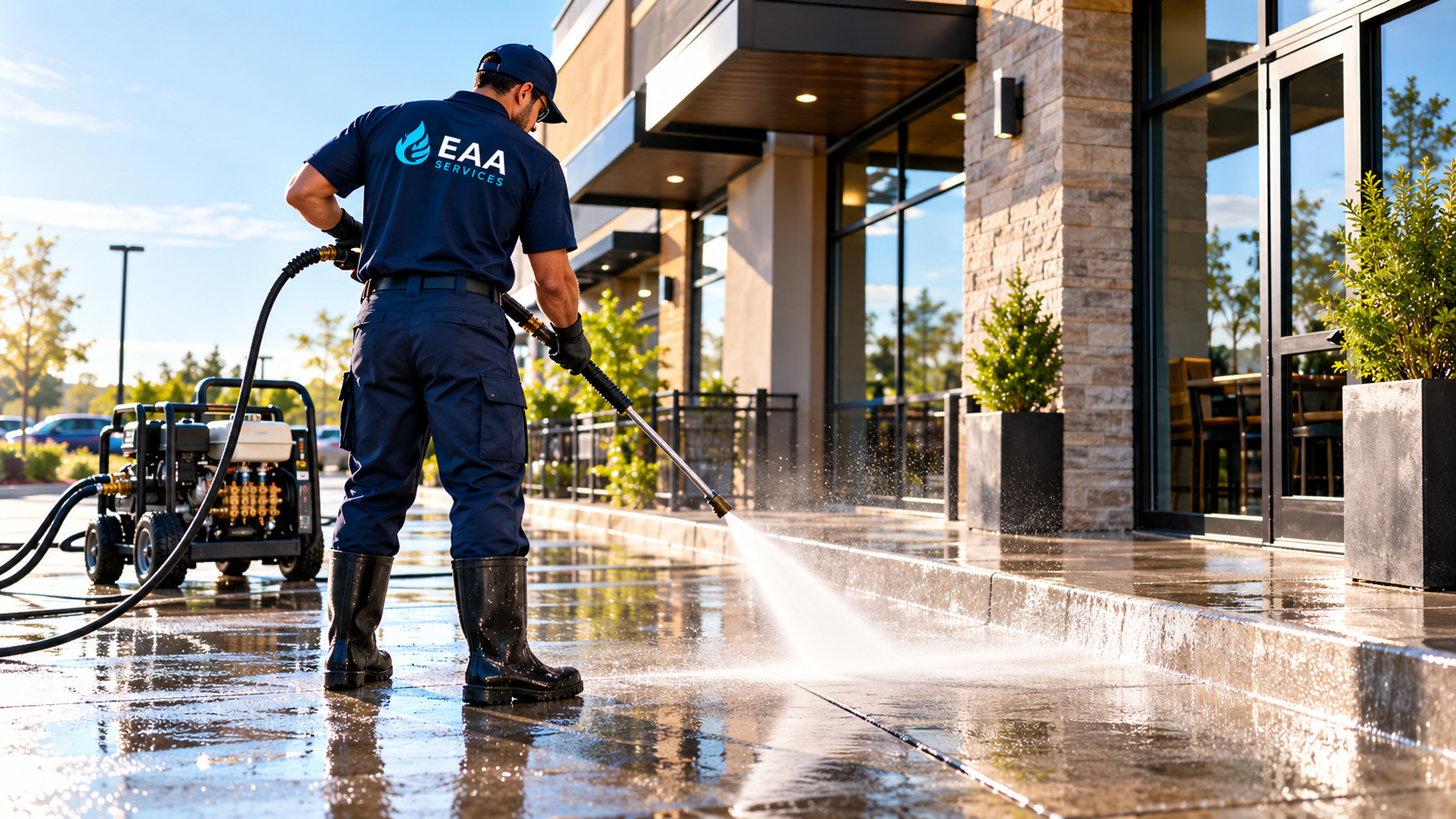 Pressure washing a commercial exterior