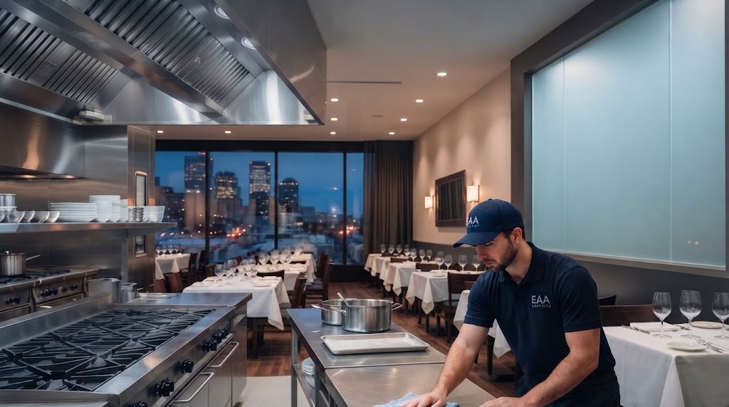 EAA Services technician wiping down a stainless steel counter