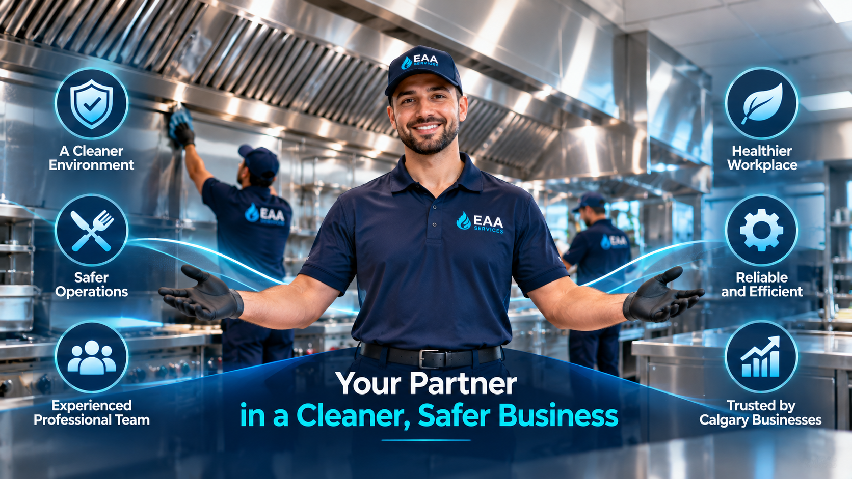 EAA Services technician wiping down a commercial kitchen counter